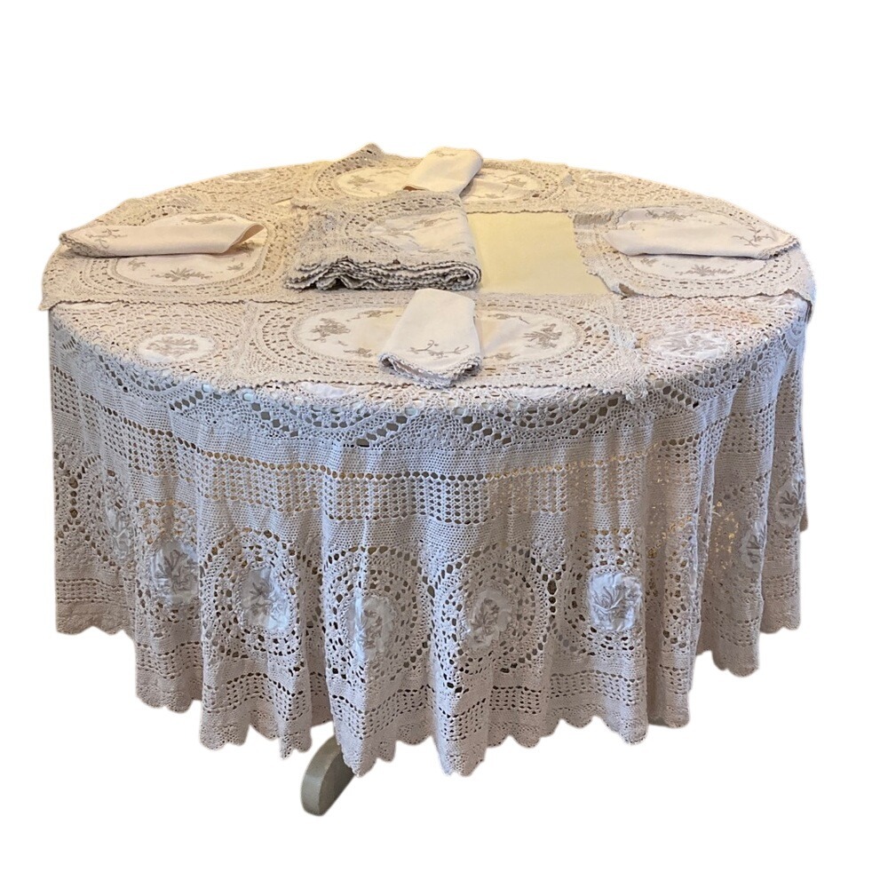 Crochet Round Tablecloth Placemat Napkin‎ Set for 10 Cottagecore French Country
